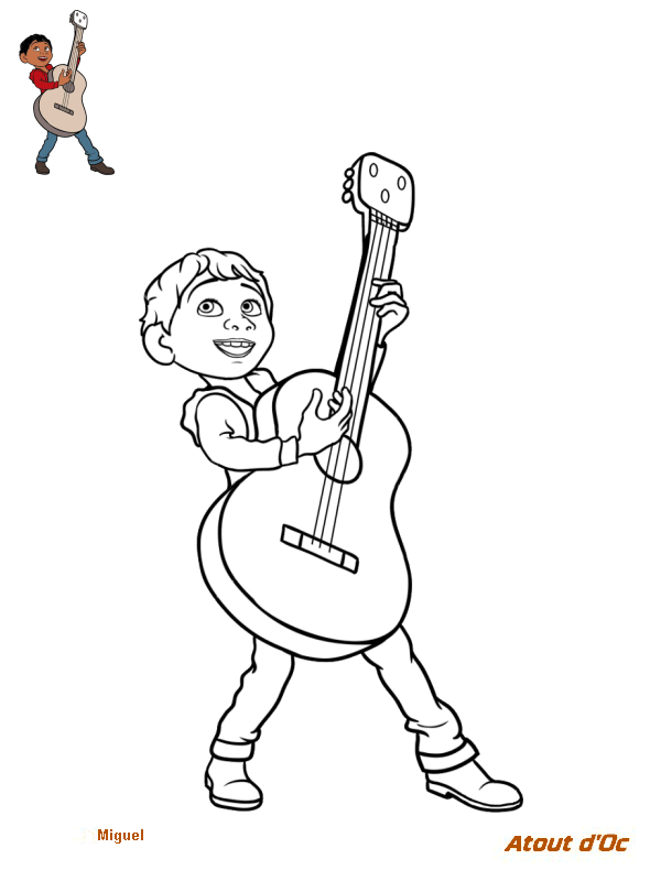 Coloriage Miguel Rivera Joue La Guitare - Coco Disney à imprimer